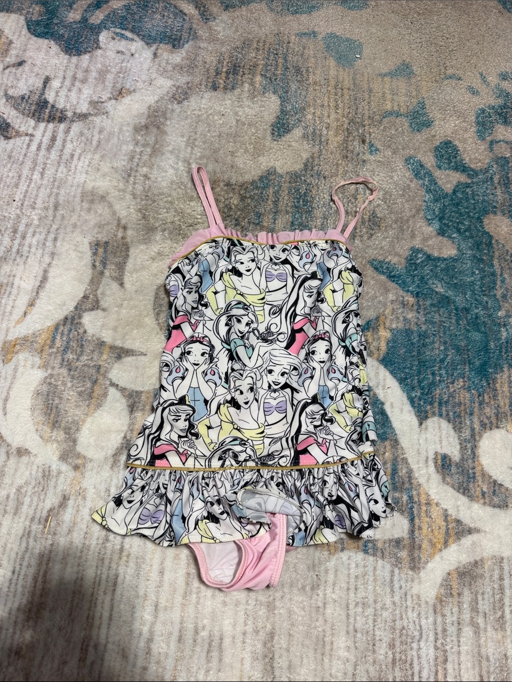 Girls Pink Ruffle One-Piece Swim Dress with Princess Print 7/8